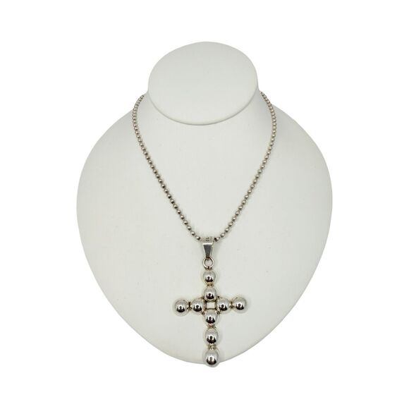 Taxco Mexico Cross Pendant Necklace 16" 925 Sterling Silver Christian Ball - Picture 3 of 13